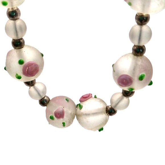 Artisan Frosted Lampwork Glass & Sterling Silver Beaded Pink Rose Design Necklac - Picture 5 of 16